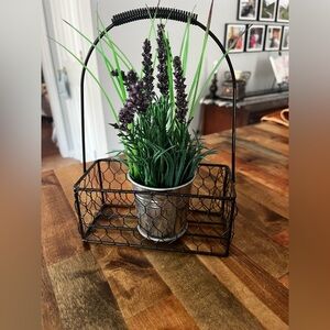 Faux Lavender Plant in Black Wire Basket